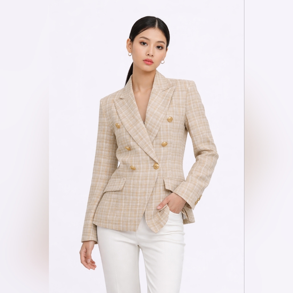 Gold-Button Beige Plaid Double-Breasted Blazer